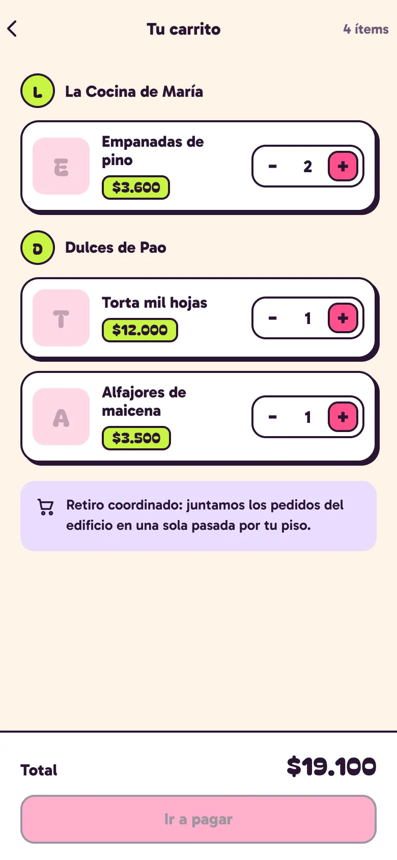 Carrito con productos de dos tiendas del edificio